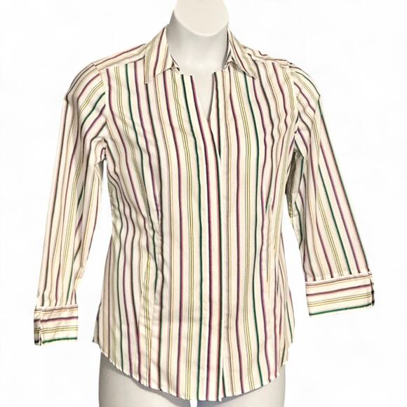 Taylor Gold Label Button Up Shirt Size 10 V Neck Top Colorful Striped 3/4 Sleeve - Picture 1 of 13
